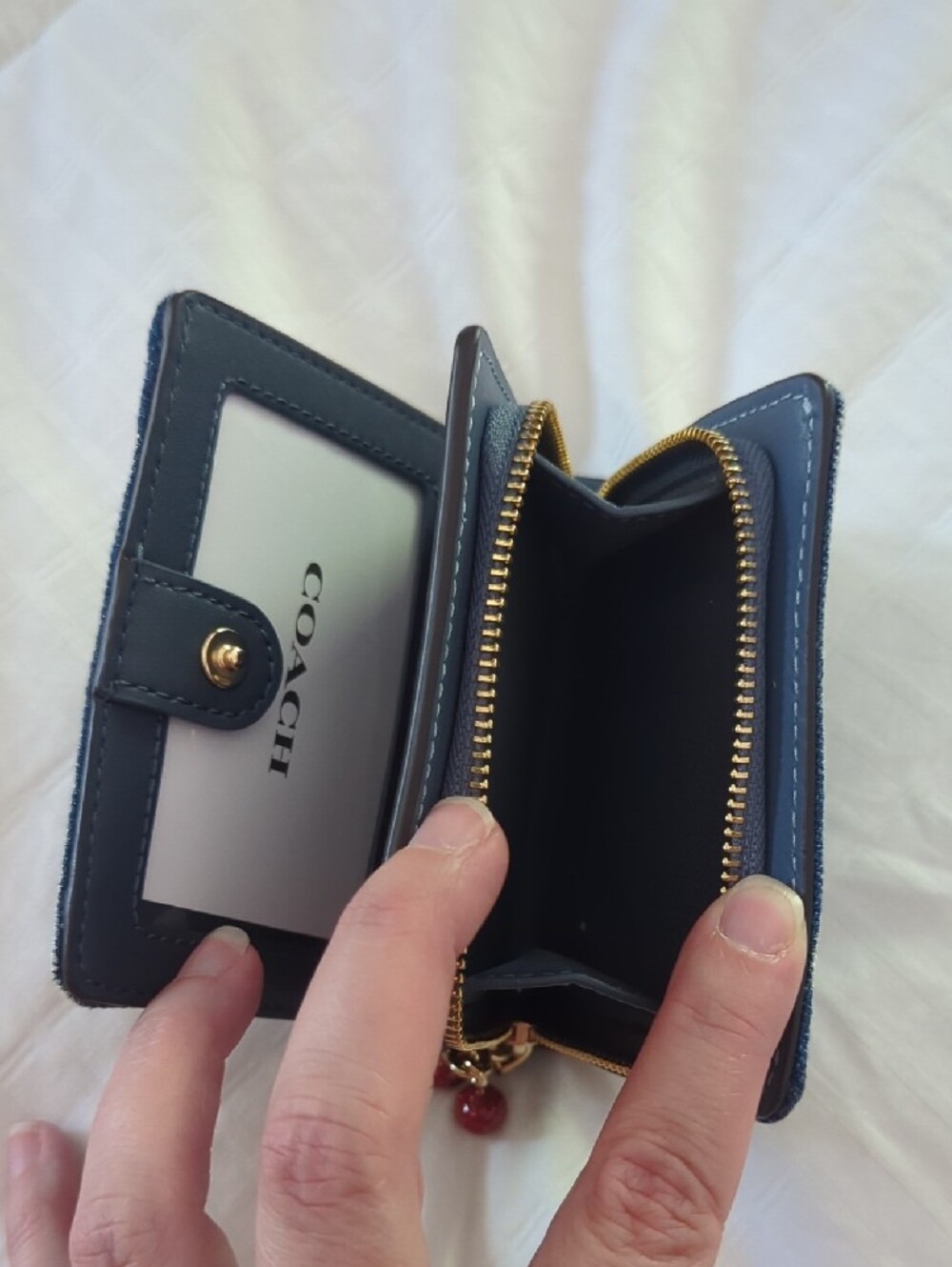 NWT- Coach Light Blue Loved Denim Zip Wallet with Cherry Charm - Picture 4 of 9